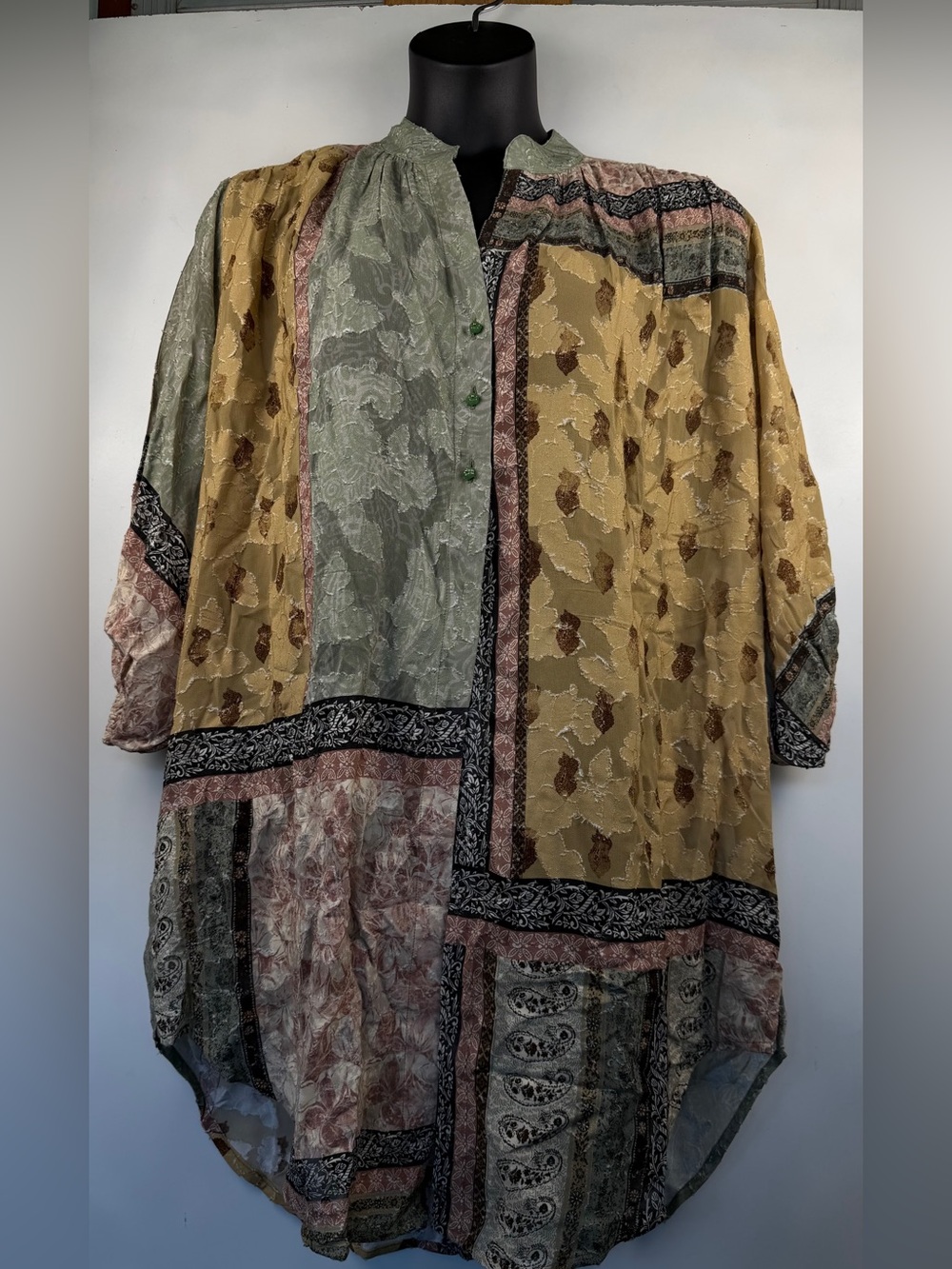 SOFT SURROUNDINGS Womens Tunic Pockets Patchwork M Boho Patchwork Mustard & Sage